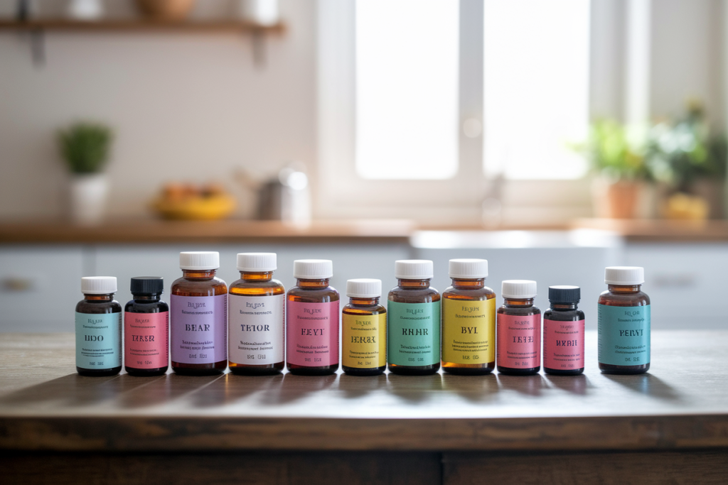 bouteilles-complements-colorees-table-bois