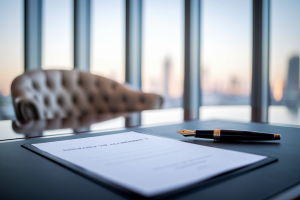 bureau-fauteuil-stylo-document-flou