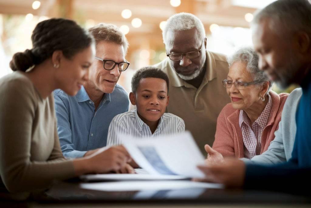 famille-diverse-table-discussion-document-flou