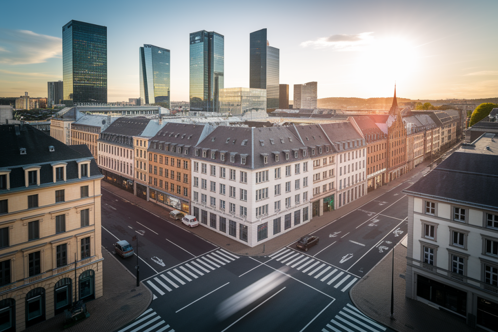 quartier-financier-luxembourg-gratteciel-pieton-couchersoleil