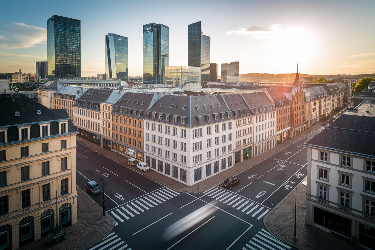 quartier-financier-luxembourg-gratteciel-pieton-couchersoleil