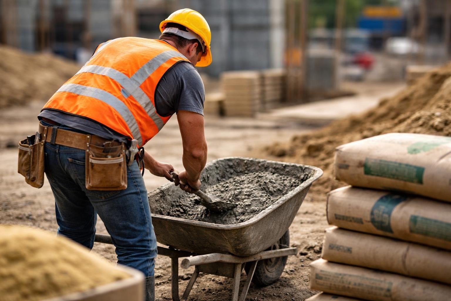 ouvrier-brouette-beton-ciment-sable