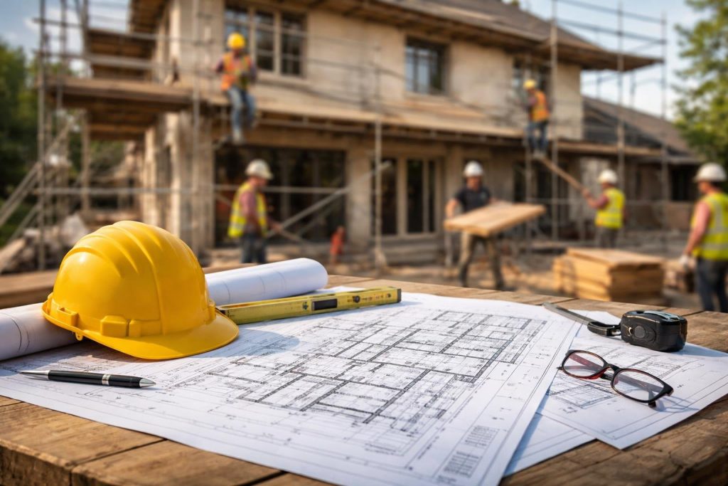 maison-renovation-echafaudages-plans-table