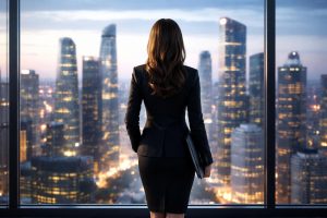 femme-affaires-skyline-fenetre-gratte-ciel