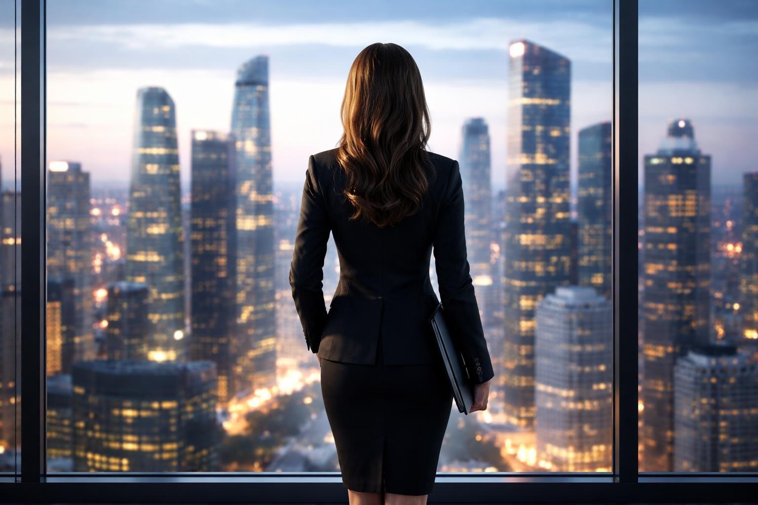 femme-affaires-skyline-fenetre-gratte-ciel