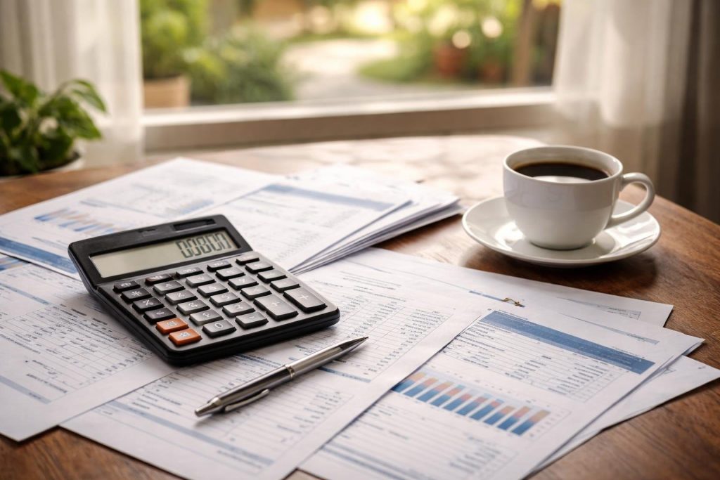 calculatrice-documents-tasse-cafe-jardin