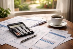 calculatrice-documents-tasse-cafe-jardin
