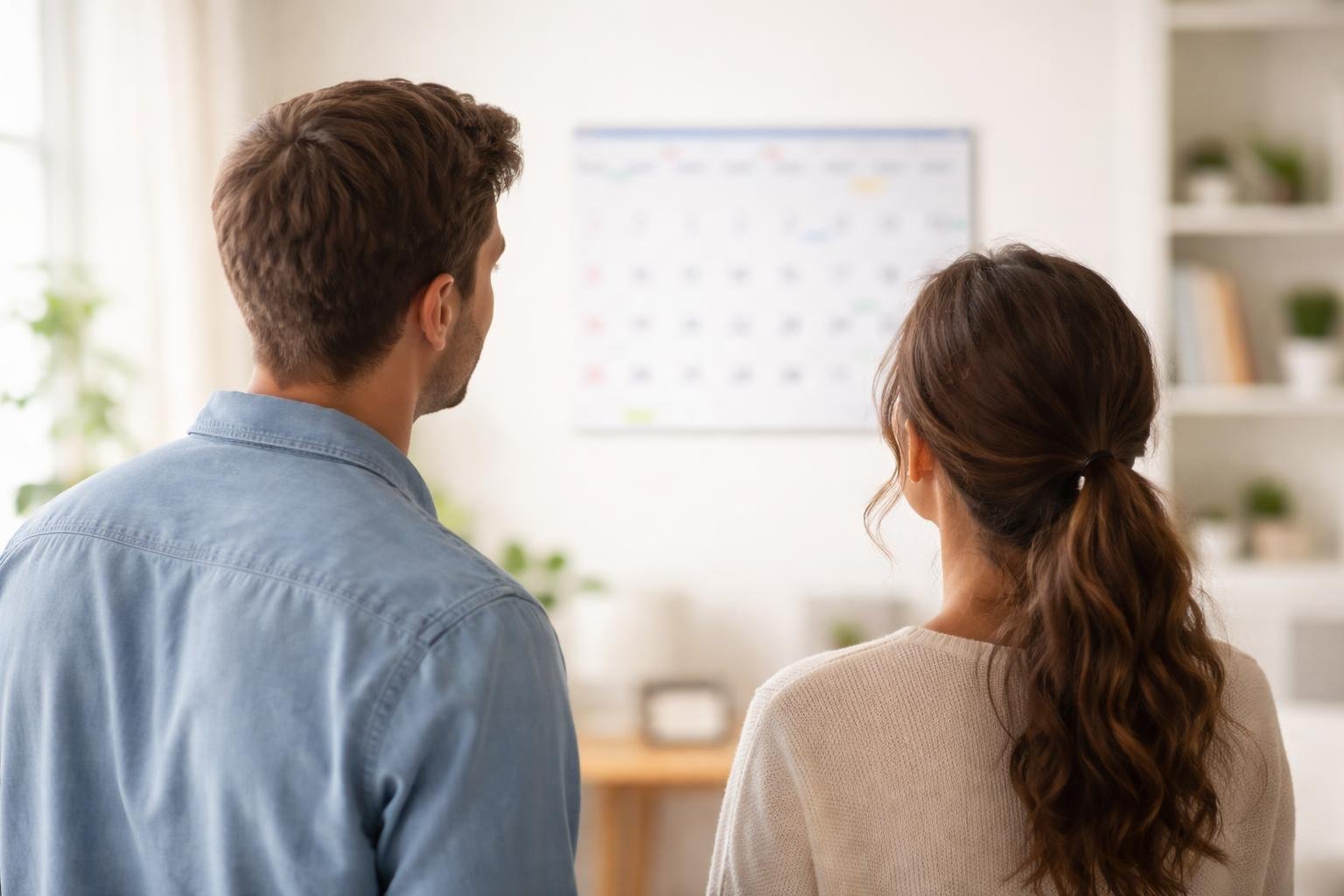 homme-femme-regardent-calendrier-mur