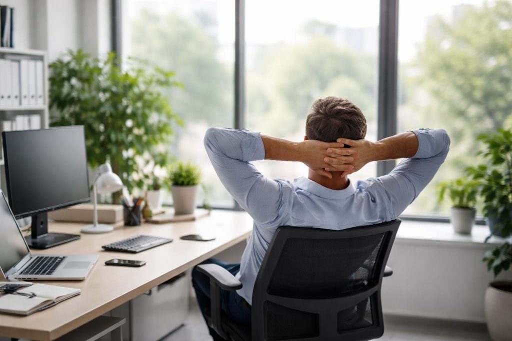 employe-bureau-lumineux-plantes-fenetre