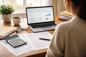 bureau-organise-documents-calculatrice-ordinateur