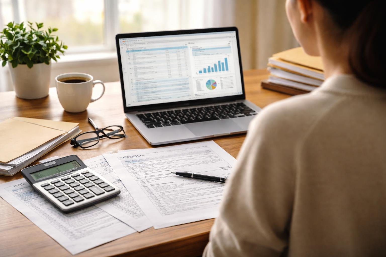 bureau-organise-documents-calculatrice-ordinateur