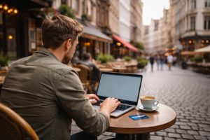 homme-terrasse-laptop-carte-rue-belge